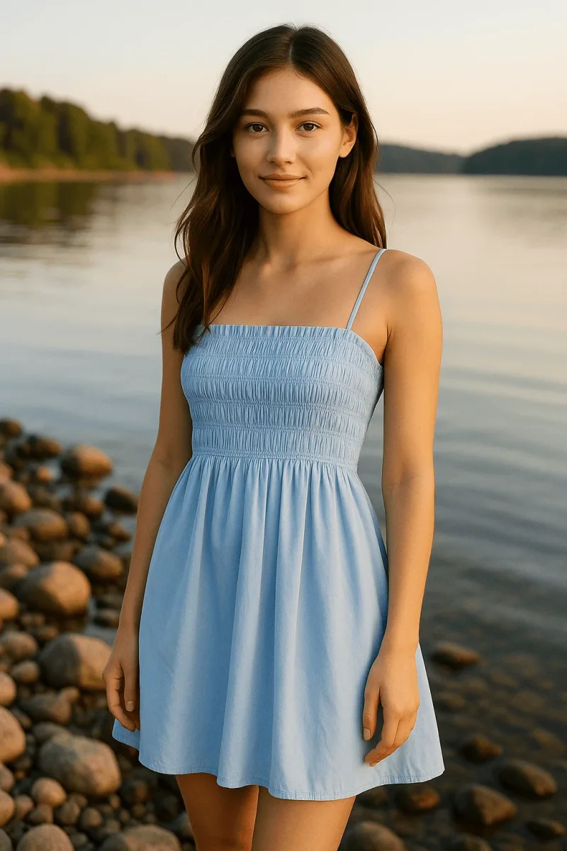 UNSTILL example: an AI model wearing a blue dress by a lake